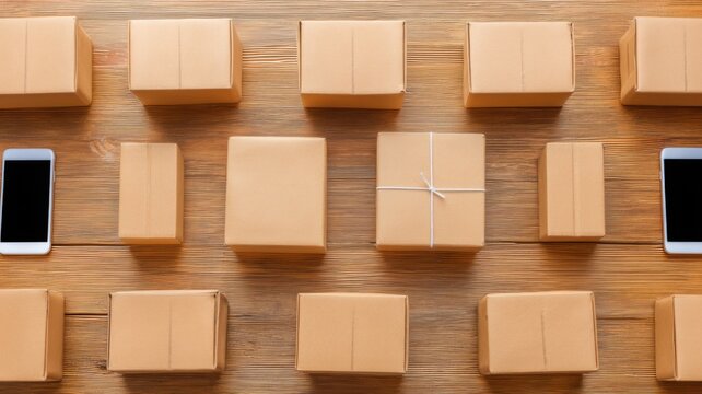 Neatly arranged brown cardboard boxes on a wooden surface with three smartphones placed nearby,