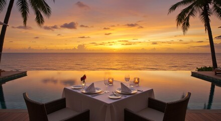 Romantic waterside dining table with sunset view, overlooking ocean from pool