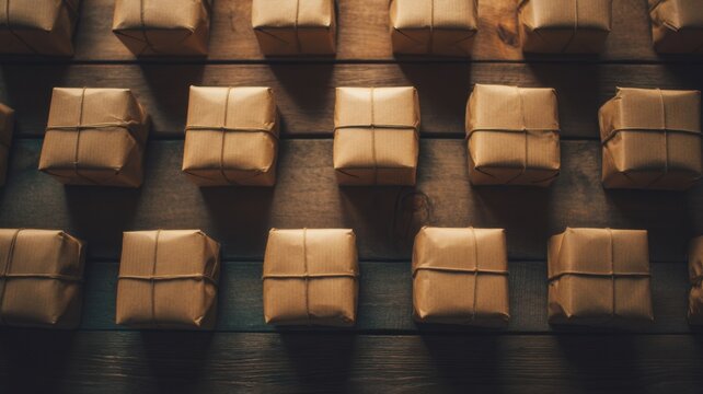 Several identical square-shaped packages wrapped in plain brown paper with twine securing them at the corners,