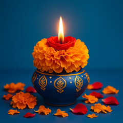 Decorative Diwali Diya with Marigold and Rose in Blue Pot on Blue Background.