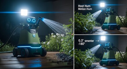 Green Watering Robot Sprinkling Garden Plants at Night