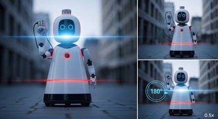 Cute White Robot Holding Cable Standing in Urban Setting