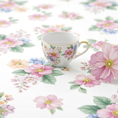 花模様のティーカップと咲き誇る花々