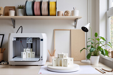 modern white 3D printer in a bright, contemporary home workshop, actively fabricating a detailed architectural model, showcasing the future of technology, design, and personal manufacturing