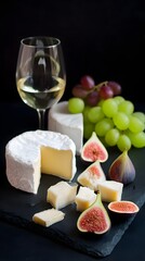 Cheese Platter with Brie, Fresh Figs, Grapes, and White Wine Glass on a Black Slate