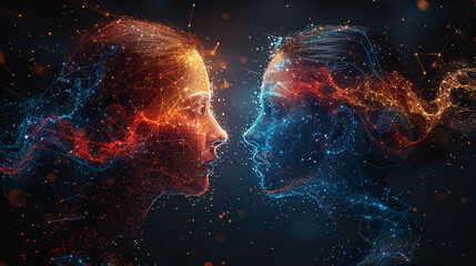 Fototapeta premium Two abstract particle faces connect in space, energy flows between them