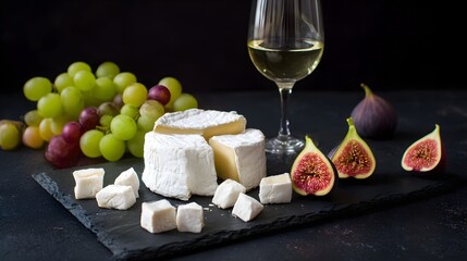 Cheese Platter with Brie, Fresh Figs, Grapes, and White Wine Glass on a Black Slate