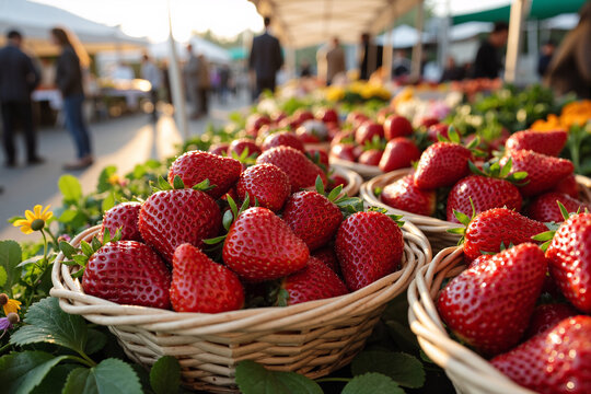Vibrant, ripe red strawberries filling wicker baskets at a bustling outdoor farmers' market on a sunny day, with a shallow depth of field emphasizing the freshness of the seasonal fruit