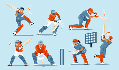Flat Dynamic Cricket Players Illustration Set