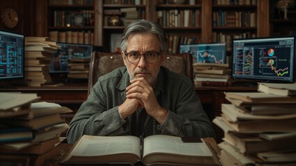Old man sitting and reading a book in a library setting with a pile of books on the desk