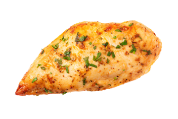 a piece of chicken with herbs on it