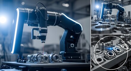 Black Robotic Arm Inspecting Silver Metal Parts in Factory Setting