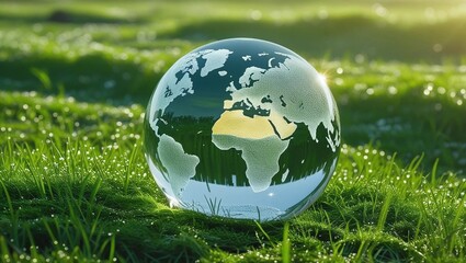 Clear glass globe resting on fresh green grass in morning sunlight, symbolizing environmental responsibility and global care  
