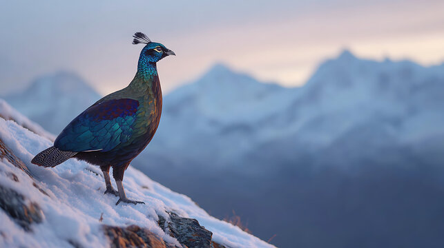A Himalayan monal standing brightly on a snowy ridge, camera focused on its iridescent feathers, blurred mountain peaks in the background, cinematic crisp alpine glow.