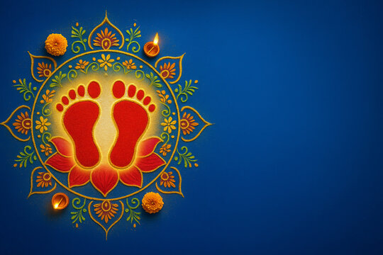 Traditional Lakshmi Charan Rangoli with Diyas and Flowers &ndash; Indian Festival Art.