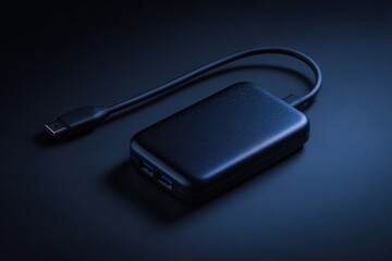 External hard drive with USB cable on dark background for data storage