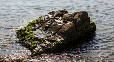 Mossy Rock in Blue Ocean Water with Ripples and Sunlight
