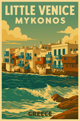 Poster Travel Greece Little Venice Mykonos, white windmills, old Mediterranean European culture