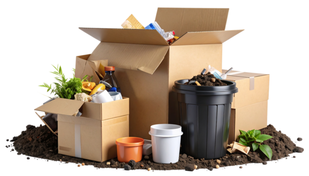 Pile of assorted garbage and waste, including a carton box, plastic jar, black trash bin, masking tape, and waste soil. Realistic 3D rendering isolated on a transparent background (PNG).