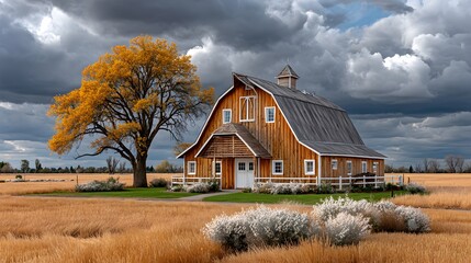 Fototapeta premium Traditional barn among yellow grass and wildflowers high resolution wallpaper