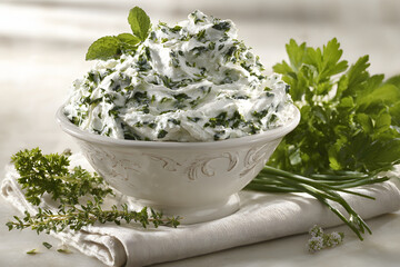 Herb-Infused Cream Cheese Dip in a White Bowl on Linen with Fresh Herb Garnish