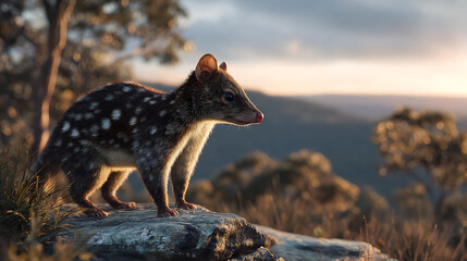 A quoll standing alert on a hilltop rock at sunset, camera focused on its spotted fur and sharp nose, blurred eucalyptus landscape, cinematic wild beauty of Australia.