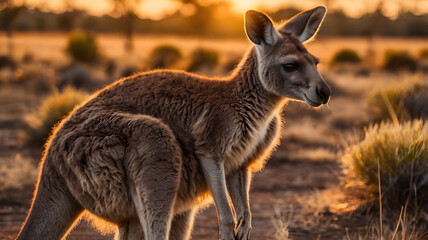 Fototapeta premium A kangaroo stands in a dry, grassy field during a golden sunset, illuminated by the warm light.