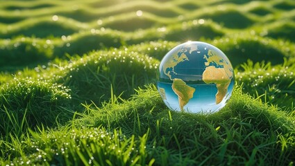 Clear glass globe resting on fresh green grass in morning sunlight, symbolizing environmental responsibility and global care  
