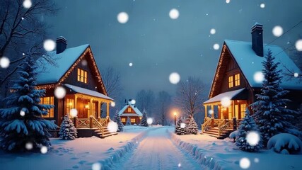 Cozy wooden cabins adorned with glowing lights stand quietly amidst a tranquil, snow-covered landscape, creating a picturesque winter wonderland atmosphere. Merry Christmas and Happy New Year vibe - Powered by Adobe