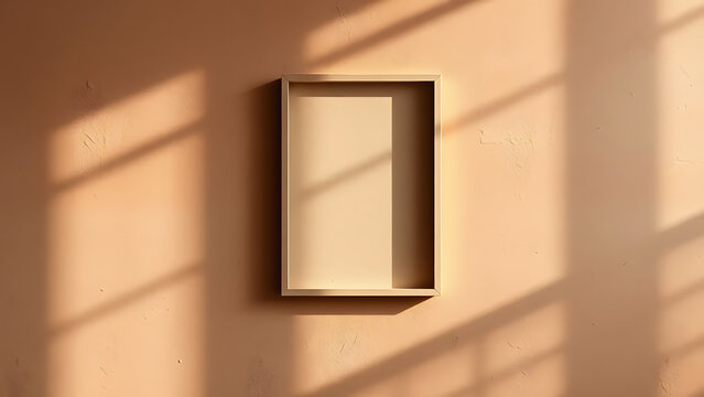 Empty beige picture frame on a textured wall bathed in warm sunlight and window shadows.