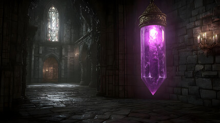 Dark gothic hallway with a glowing purple crystal pendant.  Stone walls and stained glass window