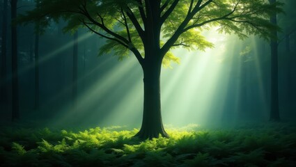 Obraz premium Sunlight filtering through a misty forest.