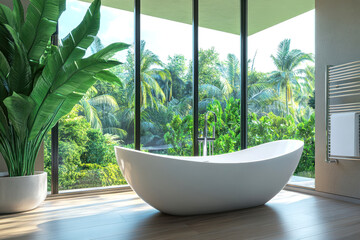Luxurious bathroom with freestanding tub and lush tropical foliage view