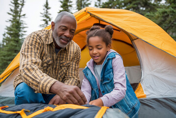 Grandfather and granddaughter enjoying camping together, setting up a tent in a forested area, surrounded by trees and nature, sharing quality time and creating memories