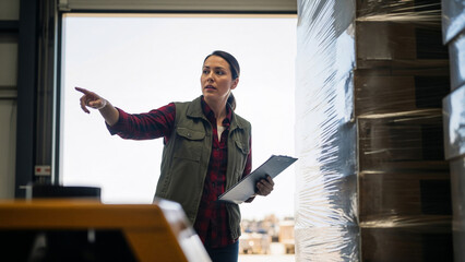Female warehouse manager giving instructions pointing clipboard logistics supply chain distribution center, leadership expertise in inventory management, industrial business operations concept