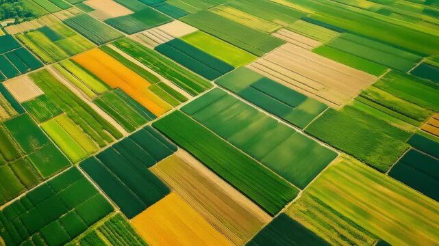 Aerial views showcase colorful agricultural fields displaying various crops and patterns in rural landscapes during the growing season