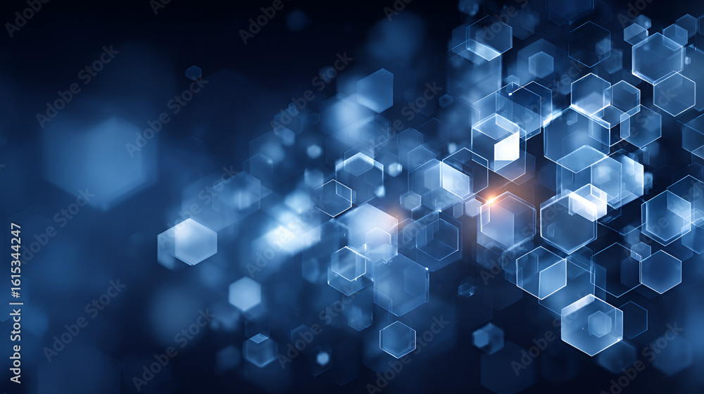Poster blue hexagonal geometric shapes on a dark gradient background with central orange highlight