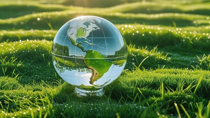 Clear glass globe resting on fresh green grass in morning sunlight, symbolizing environmental responsibility and global care  
