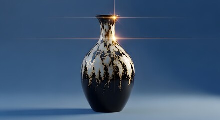 Ceramic Vase with Black and Gold Glaze on Smooth Blue Background