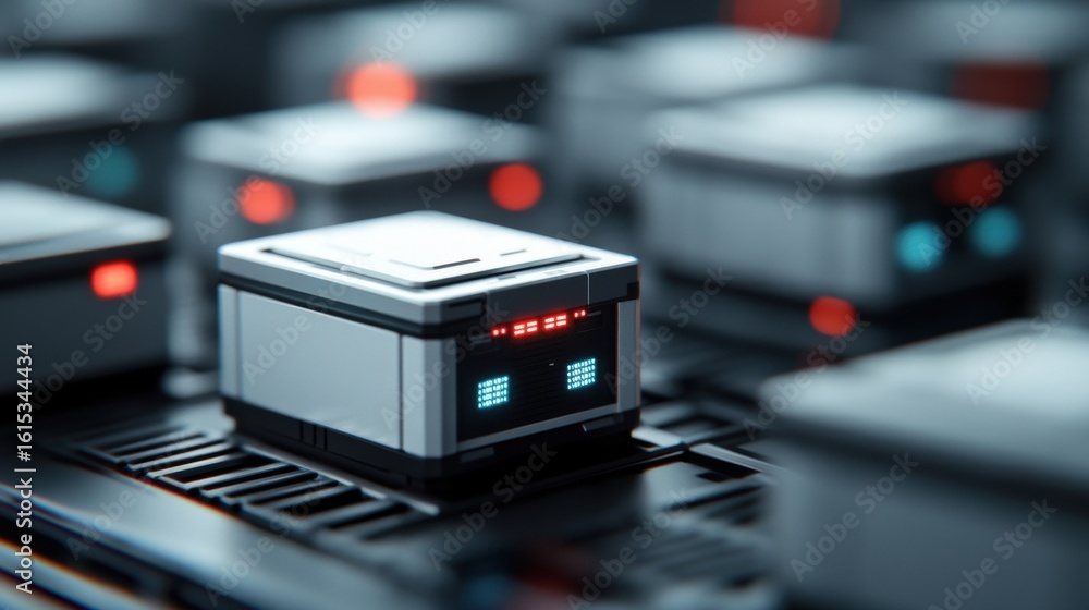 Poster futuristic robotic devices illuminated in a high-tech environment