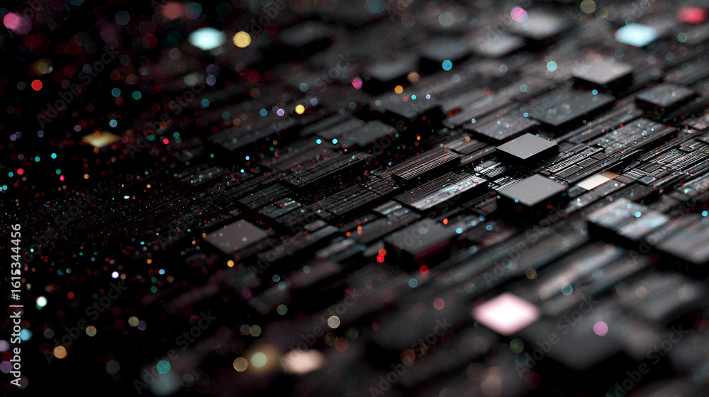 Poster complex layered dark surface with square elements colorful bokeh dots in an abstract technologicalst