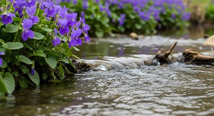 Purple Violet Flowers Growing by Gentle Flowing Stream