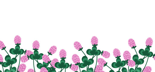 Horizontal backdrop with red clovers on white, vector illustration 