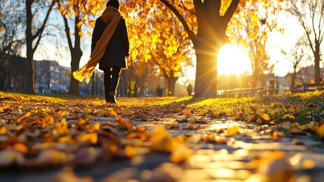 Peaceful park scene with person strolling beneath autumn trees casting long shadows