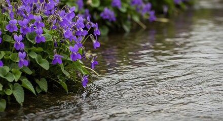 Violet Flowers and Flowing Water in Natural Setting