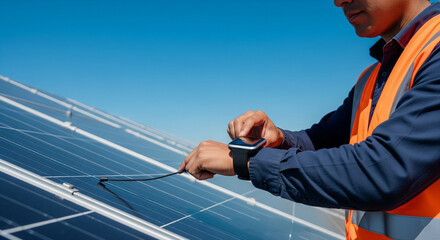 Skilled Technician Inspecting Advanced Solar Panel System Under Bright Blue Sky