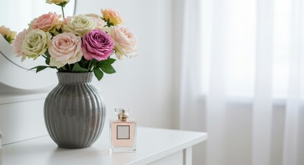 Flowers in vase with perfume on white dresser against a blurred window backdrop