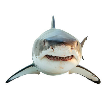 Realistic great white shark isolated on transparent background. Side view of predator fish with sharp teeth, large dorsal fin, and streamlined body, commonly found in ocean wildlife imagery.