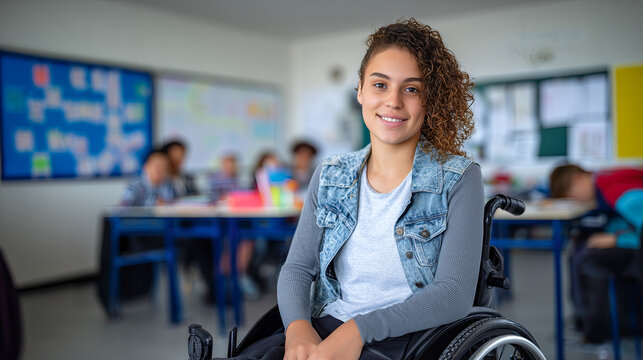 Student in a wheelchair at a desk in a bright, inclusive classroom, looking at the camera and smiling.
