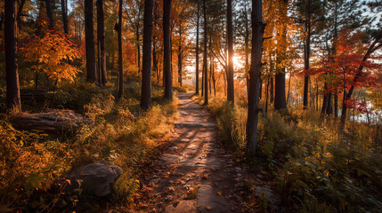 Obraz premium Warm light shining through tranquil woodland path with autumn leaves and tall trees creating peaceful and inviting atmosphere in forest during fall season